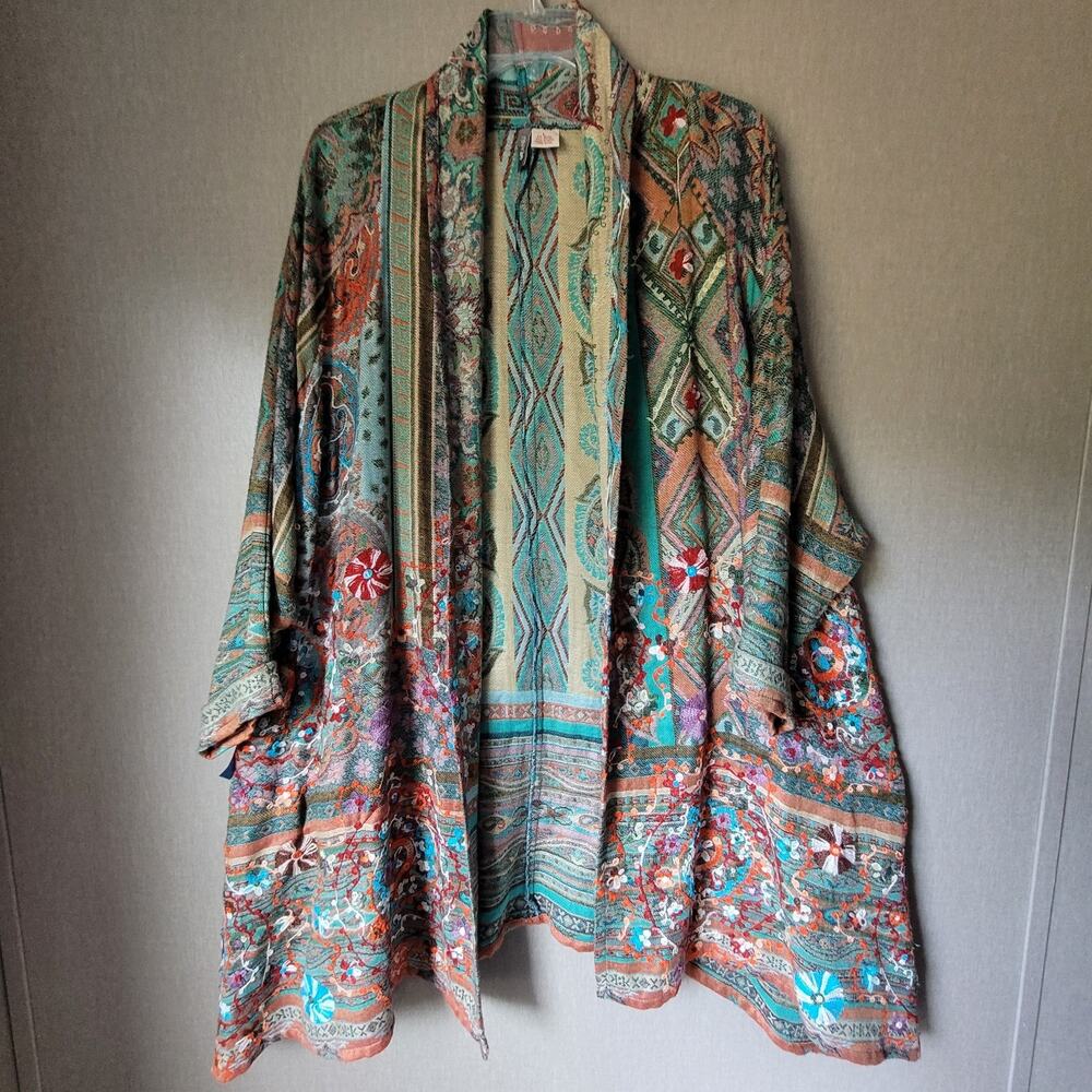ANU Boho Embroidered Kimono Jacket Textured Floral Duster Pockets Large Festival